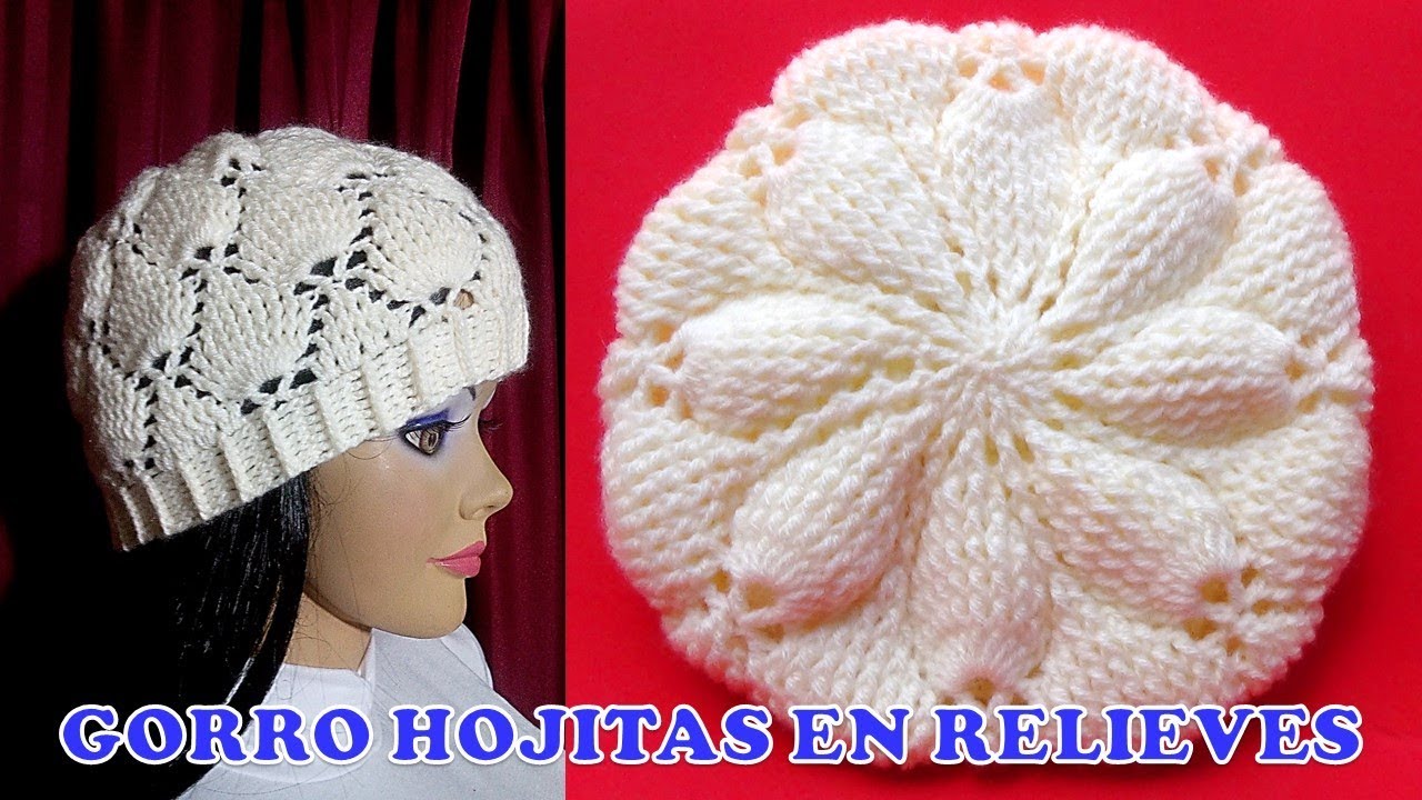 Gorro a crochet en punto hojitas en relieve